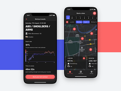 Beat81 – Map View and Workout Results android app app design button clean dark mode day mode gym gym app ios light mode map map view night mode results shadow ui user interface ux workout