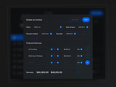 🗂 Bookkeeping App: Create an Invoice bookkeeping create dark mode dark ui form invoice invoice design ios management minimal ui user interface ux