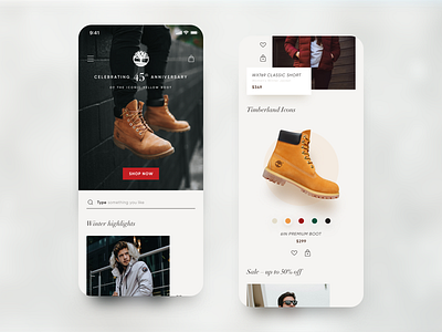 Timberland – Concept Mobile Store android app app app concept design ecommerce ios app iphone x mobile rwd shopping timberland ui user interface ux web