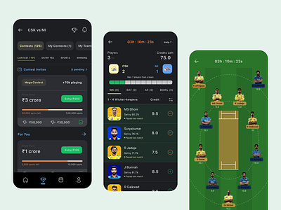 Fantasy Sports App app screens clean clean design cricket fantasy fantasy app design fantasy app ui fantasy cricket fantasy sports ipl mobile app ui ui concept