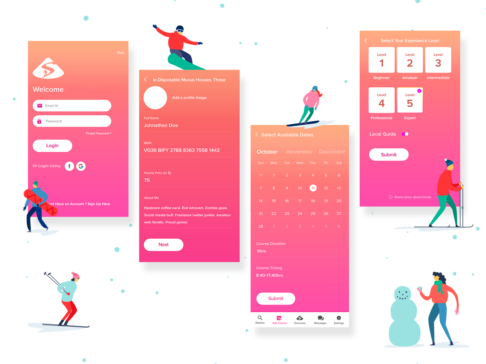 Gradient Sample application design booking app bookings calendar characters christmas colors dates gradient illustration login party register signup skiing snow sports tabs uikit welcome
