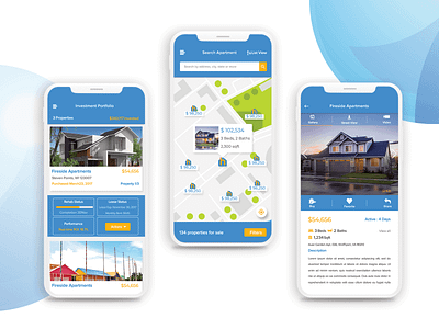 Real Estate Application cards home house investment listing location map map ui mobile app property real estate real estate application screen screen flow ui design