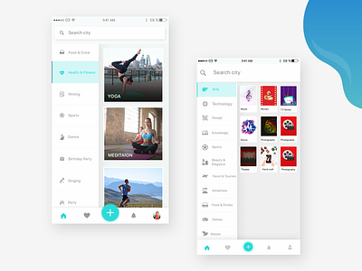 Event App Concept app arts cards categories color event app explore fitness app grid health app ios app meditation navigation side bar side menu technology ui uidesign ux