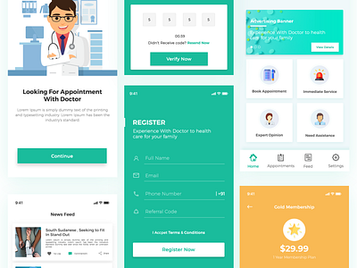 Doctor Appointment Application booking cards doctor doctor appointment greens health illustrations lifestyle medicine patient techugo