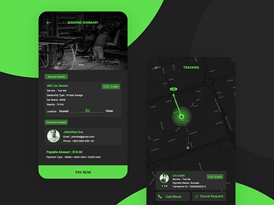 Car Service App !! android app auto service black call car service dark theme dark ui detect eta garages gradient green ios app location rating request service center tracking ui ux