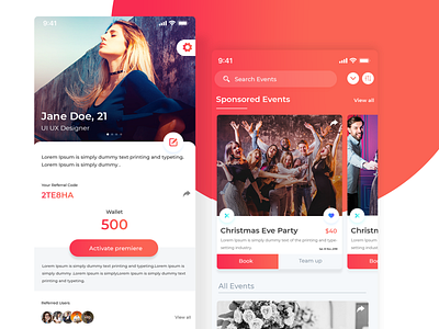 Event App !! booking app cards event app event book explore event gradient ui insta interface design ios premier profile search trending ui ui user profile uxdesign wallet wallet points