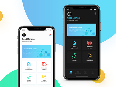 Medical App animation appointment assistance bottom bar bottom navigation cards chatbot dark dark theme dashboard doctor app emergency home ios app iphonex light light theme