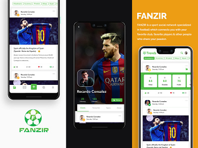 FANZIR -REDESIGN application application design cards design feeds football friends interface design messi posts ratings soccer social social network sports tabs trends ui ux