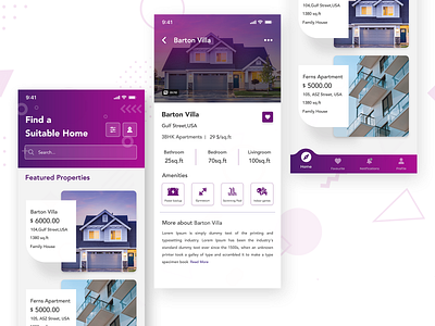 Real Estate App amenities application design builders building card detail page details page flat home screen homepage household houses interface design properties property real estate ui design uidesign uiux villa