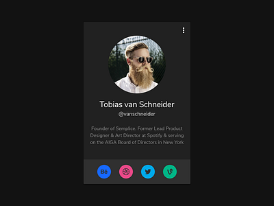 Profile card UI | Dark card design interaction interactiondesign materialdesign profile ui userexperience userexperiencedesign userinterface userinterfacedesign ux