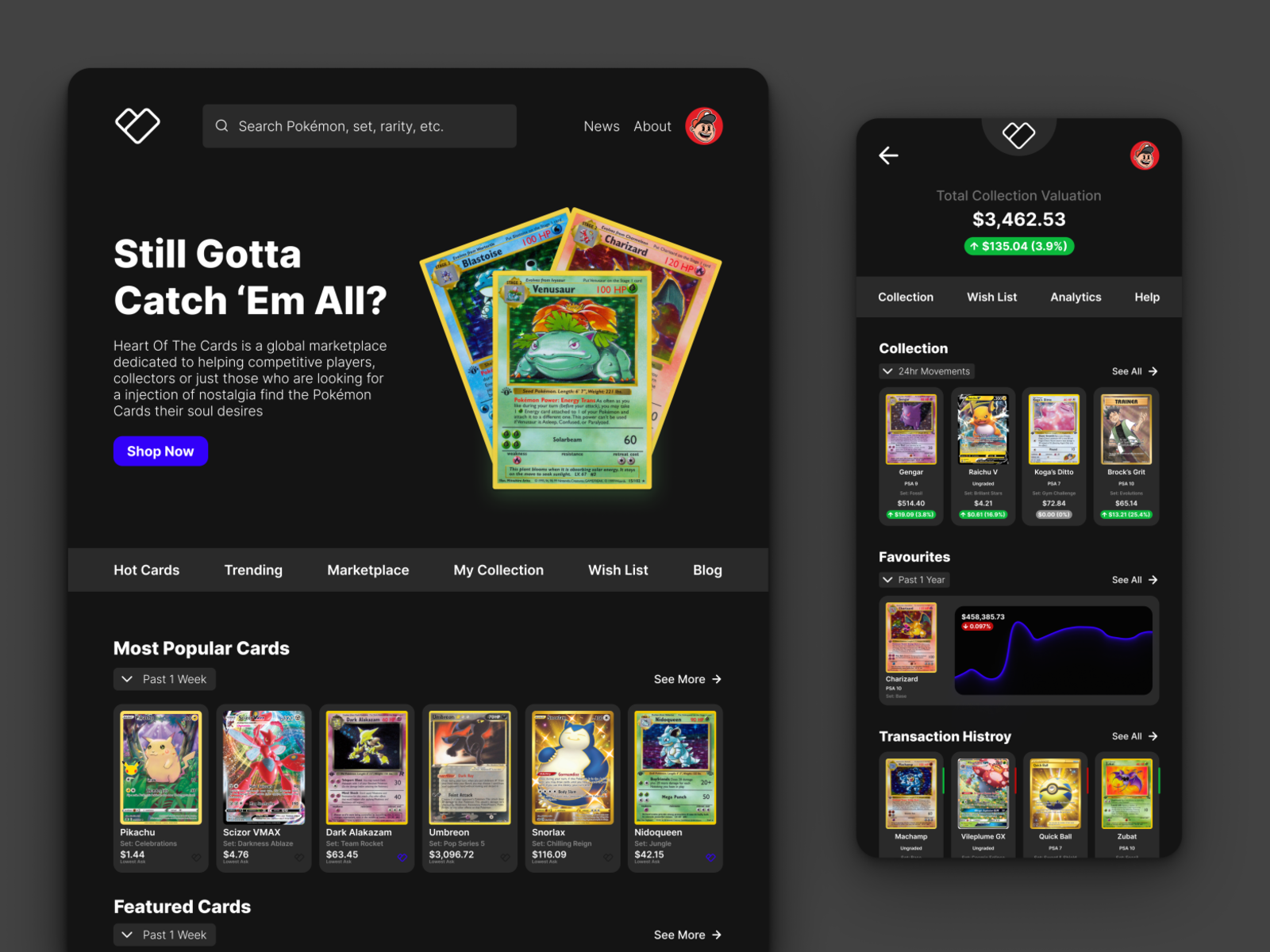site & App UI Design Pokémon Trading Card Marketplace by John