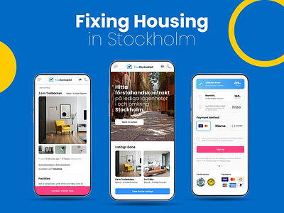 FixaKontraktet • Fixing Housing in Stockholm 🇸🇪 blue housing listing mobile pink stockholm sweden ui ux web yellow