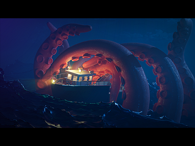 A calm fishing night 3d 3d art 3d artist boat creature fishing kraken ocean sea