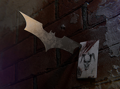 A message to Gotham criminals (Batman's Batarang) 3d art batarang blender card composition dc design digital gotham joker lighting metal modeling texturing wall