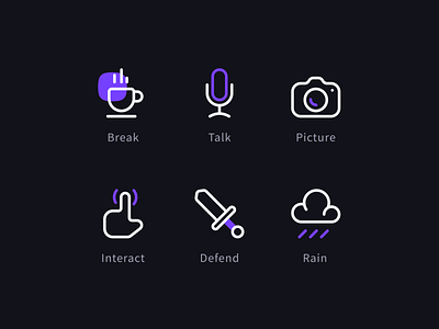 UI Icon Set | Outline camera cloud cofee cup coffee communication dark dark theme hand icon icon design icon set interact line icon outline podcast rain sword ui