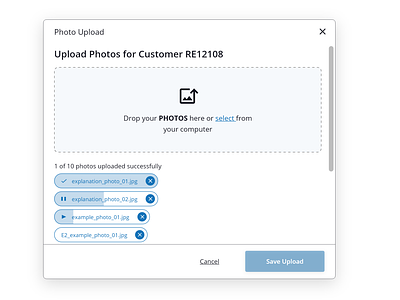 Upload Photos card drag and drop image images photos progress ui upload upload file uploader uploading ux web app