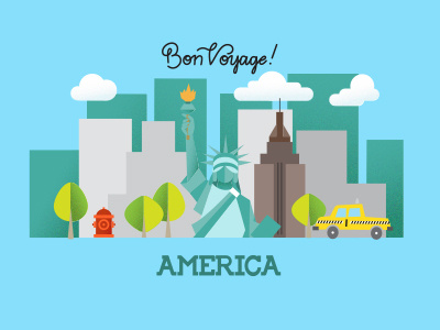 Bon Voyage America america cityscape fire hydrant handlettering handmade type illustration new york nyc statue of liberty taxi trees vector