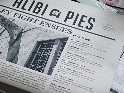 Alibi Pies appetizers design identity logo menu newspaper newsprint oven brick pie pizza restaurant