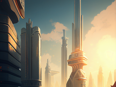 Scifi city skyscraper view concept Art 2030 2050 artists city painting city view future game art metaverse realist painting render scify sunshine technology