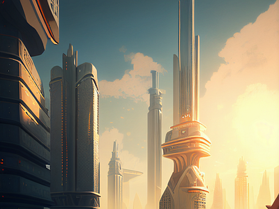 Scifi city skyscraper view concept Art 2030 2050 artists city painting city view future game art metaverse realist painting render scify sunshine technology