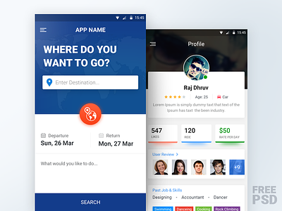 Free PSD - Traveling Mobile App android app design interface ios mobile profile search traveling ui ux visual