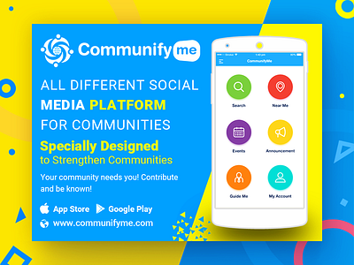 Facebook_Ad_6_CommunifyMe animation app banner branding colors community creative design facebook ad graphic promotion typography