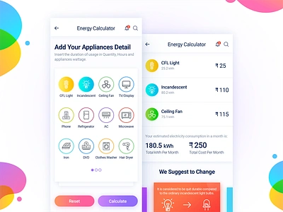 Energy Calculator Mobile App appliances calculator color consumption electricity energy icons interface iphonex savings ui ux