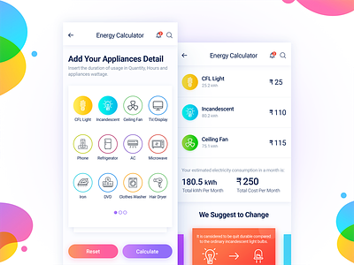 Energy Calculator Mobile App appliances calculator color consumption electricity energy icons interface iphonex savings ui ux