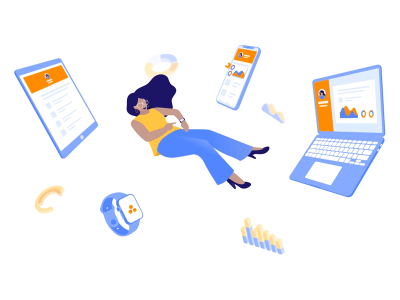 Floating Working Girl 🤓📱 after effects animation boss branding character devices digital floating gif illustration illustrator loop management productivity space woman working girl