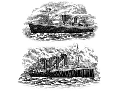 RMS Queen Elizabeth, RMS Lusitania engrave engraving illustration ink lineart woodcut