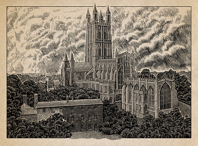 Gloucester Cathedral engrave engraving illustration ink lineart strokes woodcut