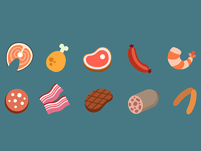 Meat Icons Set bacon chicken cute food icon icons meat prawn salmon sausage set steak