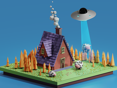 Aliens abduct a cow. 3D low poly. Casual graphics for the game 3 graphic 3d 3d art alien blender cartoon casual casual game cow farm game art illustration low poly ufo ui ux