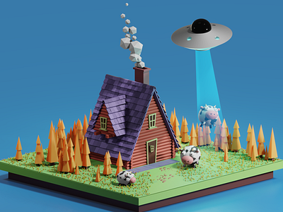 Aliens abduct a cow. 3D low poly. Casual graphics for the game