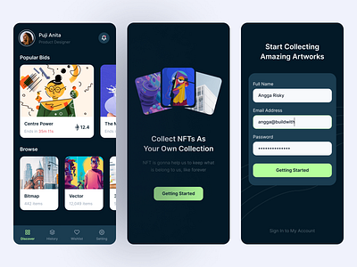 NFT Lovers App blockchain business dark mode dark ui mobile app nft on boarding sign up ui design