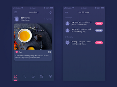 Moments dark elegant mobile newsfeed pink ui design