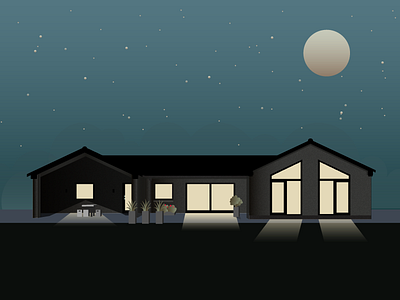 House (night) architecture clouds flat gradient grass house illustration lines vector