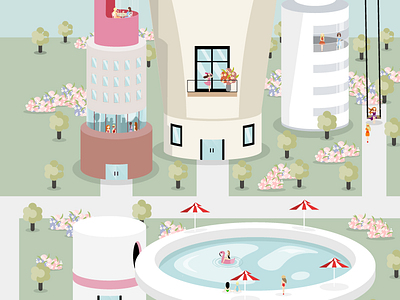 Cosmetic Paradise buildings ciry cosmetic flat flowers girl illustration nature pool vector