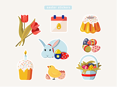 Easter Steackers basket cake easter eggs flat design flowers icon illustration rabbit set sticker tulips