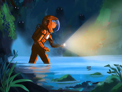 Explorer astronaut cave light monster sci fi space water