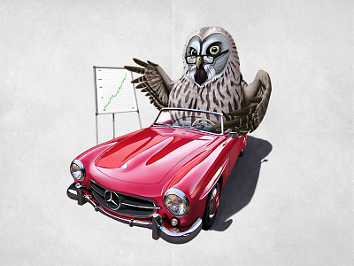Wisdom Driven avian bird car convertible glasses graph hawk mercedes owl profit red shiny untapped