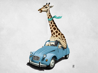 Riding High 2cv animal animal behaviour blue car driving french fun giraffe humour mammal rob snow