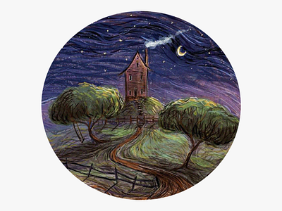 house on the hill abstract fence hill home illustration ipad landscape moon night painting paintings procreate road sketch smoke stars swing tree