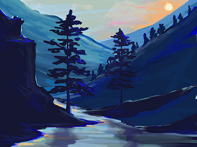 River blue cold landscape mountain river stream sunset tree water