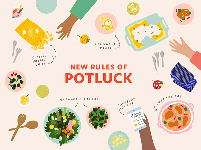 Potluck aerial view apartment therapy chips editorial food hand lettering hands illustration instant pot potluck salad typography