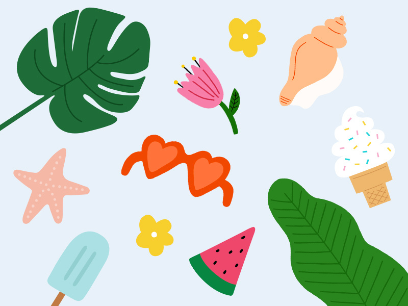 Girls' Night In: Summer of Self-Care Illos summer starfish monstera plant watermelon sunglasses popsicle ice cream seashell flower illustration