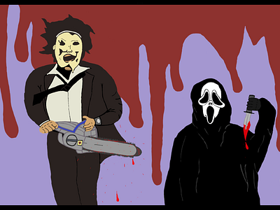 Texas chainsaw massacre and Ghost face cartoon digital art handdrawing i.m.mayes illustration movieart mr thinkalot