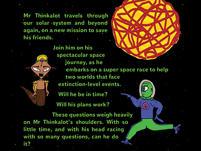 Back cover of Mr Thinkalot’s Spectacular Space Journey cartoon design digital art handdrawing i.m.mayes illustration movieart mr thinkalot