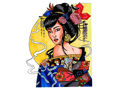 Geisha drawing on paper geisha girl handmade illustration japan