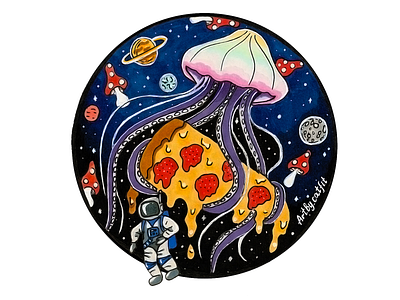 Jellyfish in space with pizza astronaut drawing on paper handmade illustration jellyfish pizza space